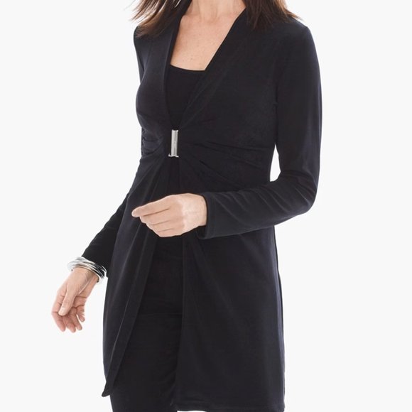 Chico's | Long Black Slinky Cardigan with Silver Clasp at Waist - Picture 6 of 16
